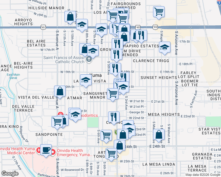map of restaurants, bars, coffee shops, grocery stores, and more near 2021 South 5th Avenue in Yuma