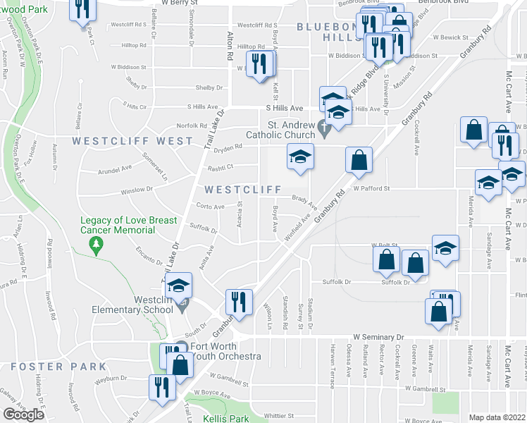 map of restaurants, bars, coffee shops, grocery stores, and more near 4017 Carolyn Road in Fort Worth