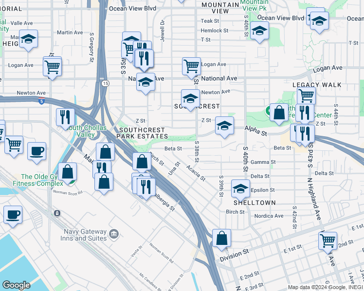 map of restaurants, bars, coffee shops, grocery stores, and more near 3738 Beta Street in San Diego