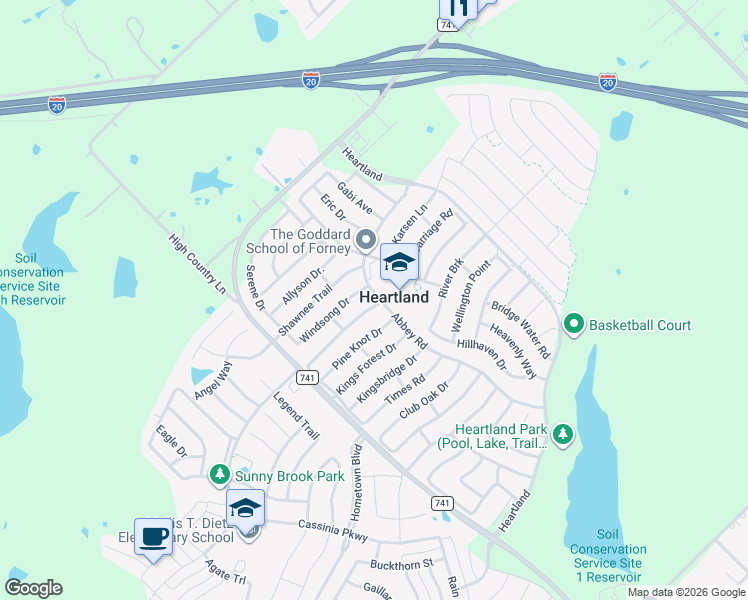 map of restaurants, bars, coffee shops, grocery stores, and more near 2049 Stagecoach Trail in Forney
