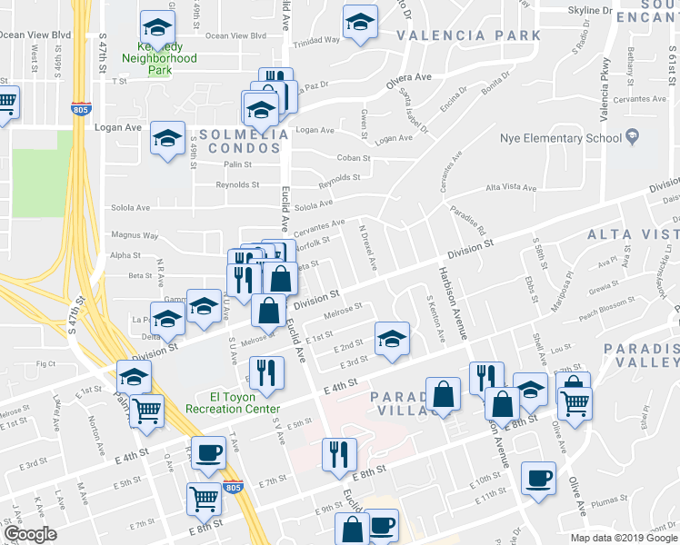 map of restaurants, bars, coffee shops, grocery stores, and more near 47 North Lanoitan Avenue in National City