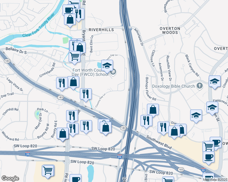map of restaurants, bars, coffee shops, grocery stores, and more near 4223 Country Day Lane in Fort Worth