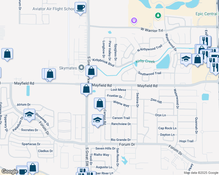map of restaurants, bars, coffee shops, grocery stores, and more near 2508 Lost Mesa in Grand Prairie