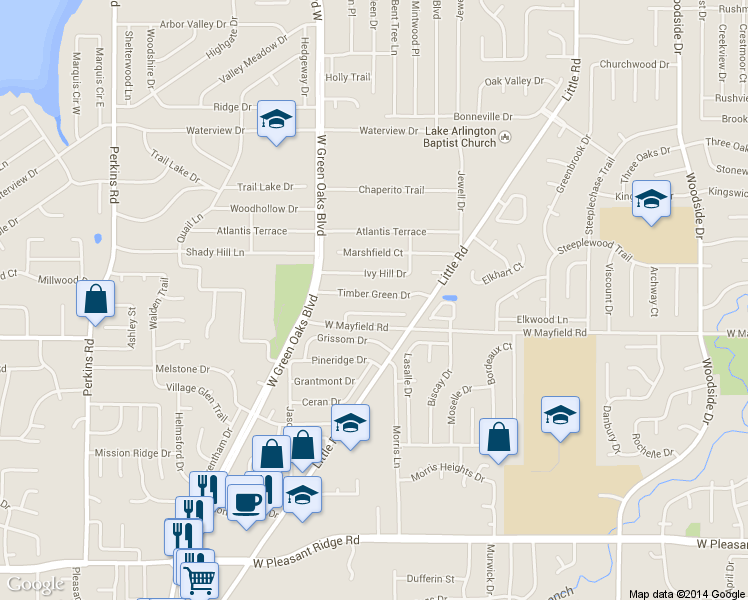 map of restaurants, bars, coffee shops, grocery stores, and more near 5406 Timber Green Drive in Arlington