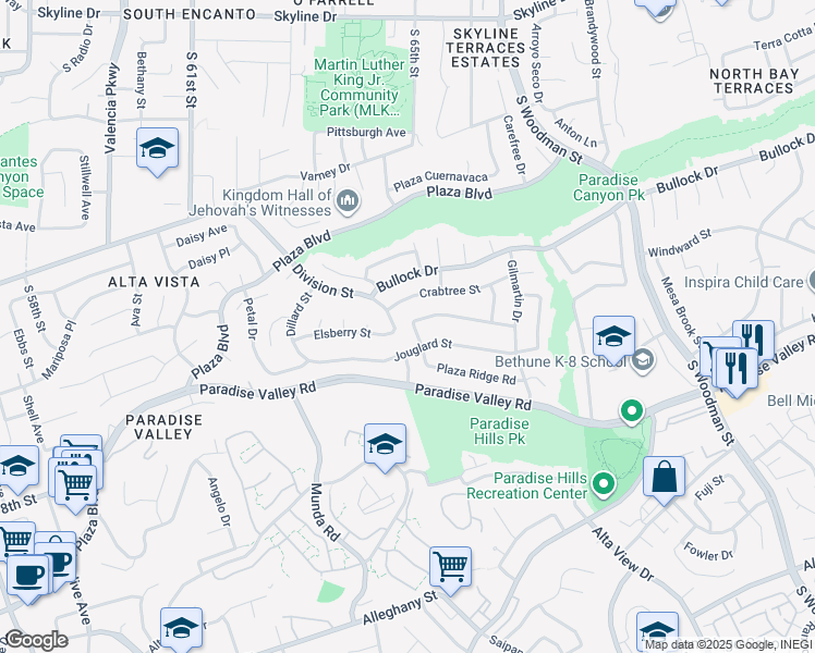 map of restaurants, bars, coffee shops, grocery stores, and more near 1718 Paradise Mesa Road in San Diego