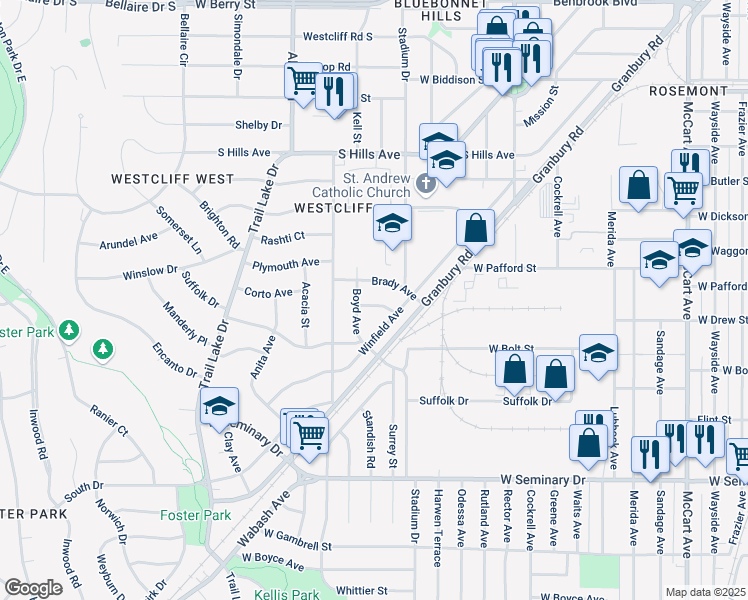 map of restaurants, bars, coffee shops, grocery stores, and more near 3424 Cloer Drive in Fort Worth