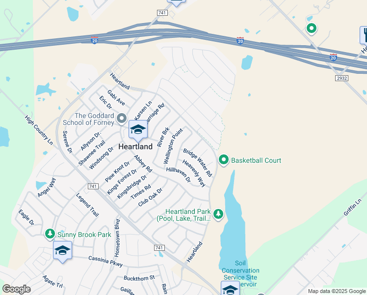 map of restaurants, bars, coffee shops, grocery stores, and more near 2000 Robincreek Cove in Forney
