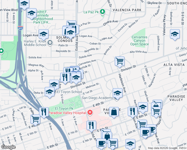 map of restaurants, bars, coffee shops, grocery stores, and more near 34 North Clairmont Avenue in National City