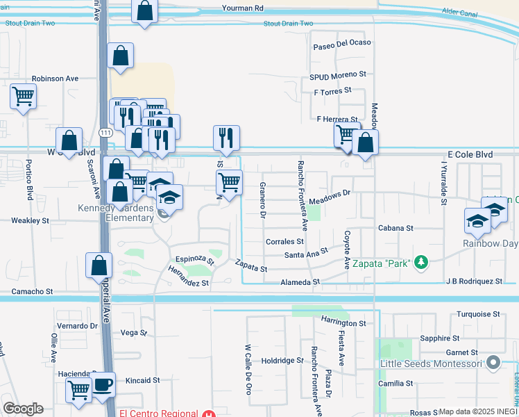 map of restaurants, bars, coffee shops, grocery stores, and more near 929 A. Rioseco Street in Calexico
