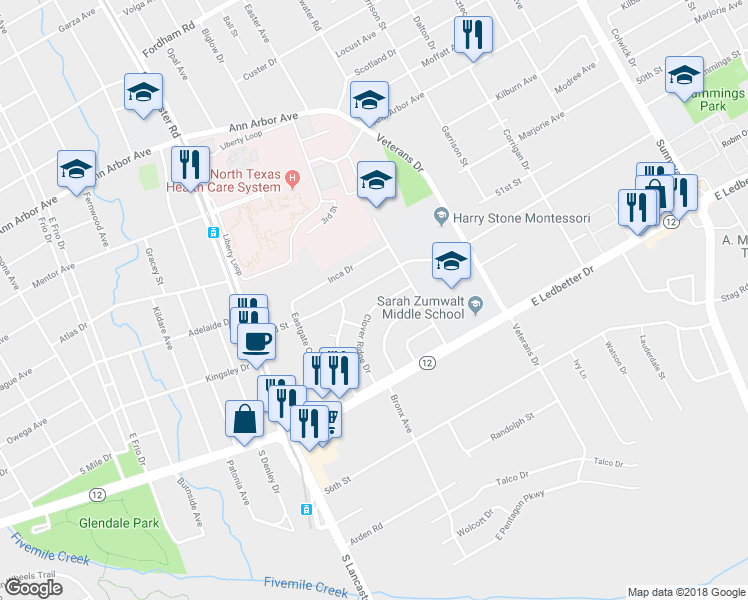 map of restaurants, bars, coffee shops, grocery stores, and more near 2329 Clover Ridge Drive in Dallas