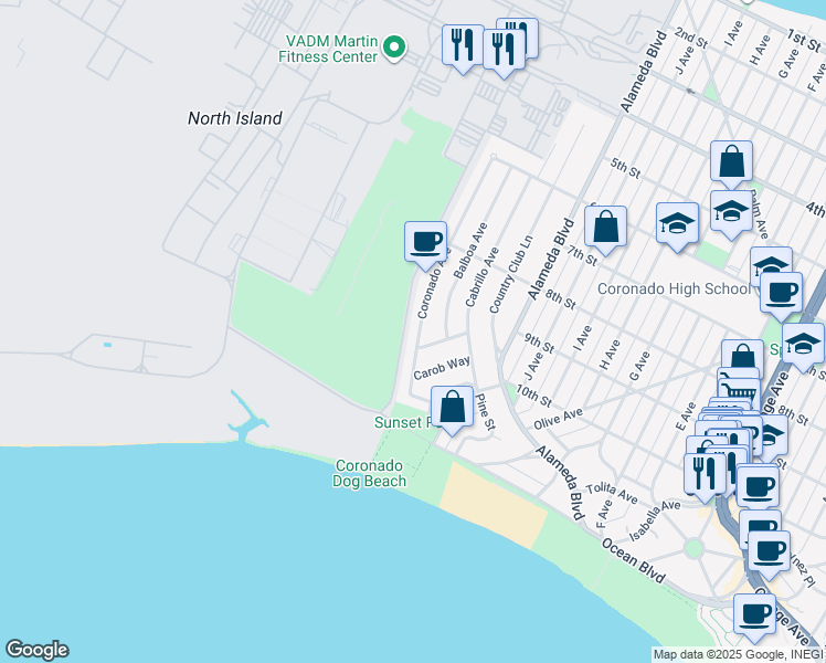 map of restaurants, bars, coffee shops, grocery stores, and more near 950 Coronado Avenue in Coronado