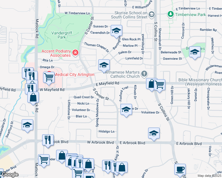 map of restaurants, bars, coffee shops, grocery stores, and more near 602 Plantation Drive in Arlington