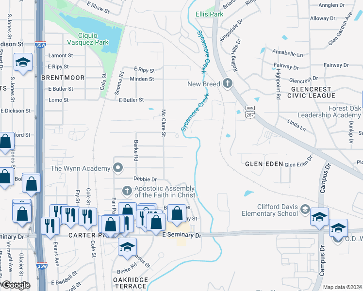 map of restaurants, bars, coffee shops, grocery stores, and more near 1348 East Fogg Street in Fort Worth