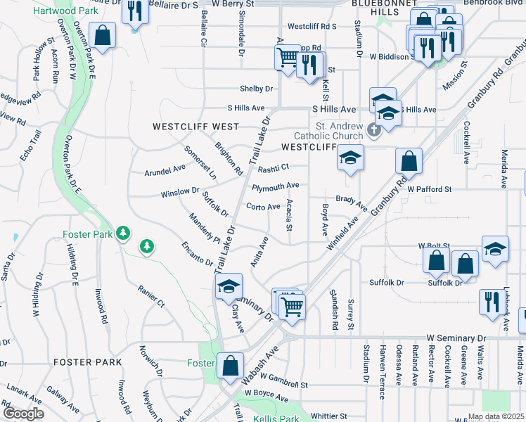 map of restaurants, bars, coffee shops, grocery stores, and more near 3521 Corto Avenue in Fort Worth