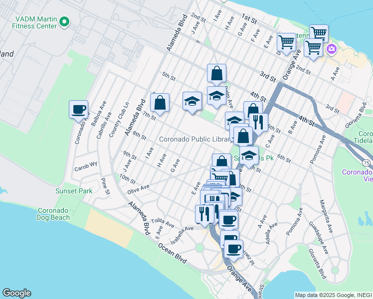 map of restaurants, bars, coffee shops, grocery stores, and more near 744 F Avenue in Coronado