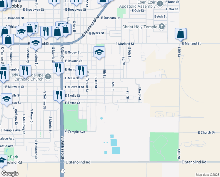 map of restaurants, bars, coffee shops, grocery stores, and more near 1317 East Midwest Street in Hobbs