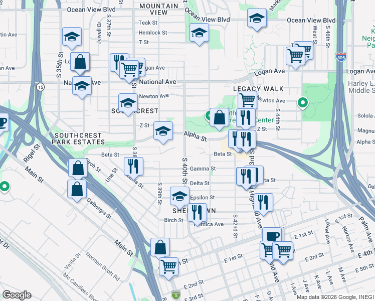 map of restaurants, bars, coffee shops, grocery stores, and more near 1471 South 40th Street in San Diego