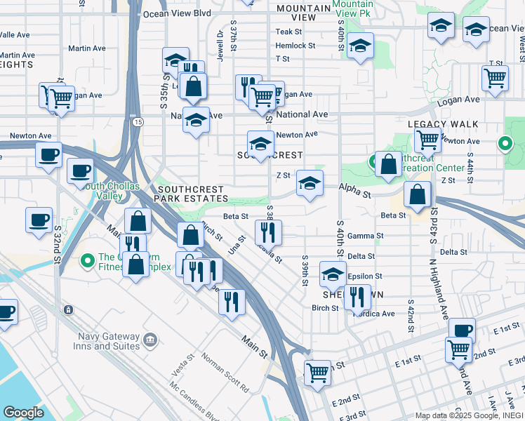 map of restaurants, bars, coffee shops, grocery stores, and more near 1490 South 38th Street in San Diego