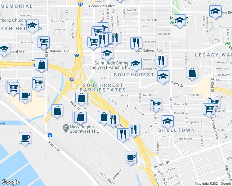 map of restaurants, bars, coffee shops, grocery stores, and more near 3660 Beta Street in San Diego