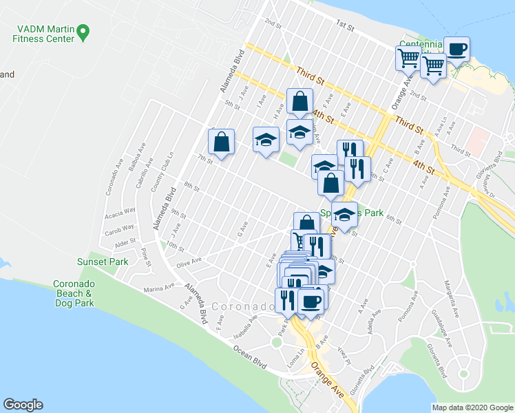 map of restaurants, bars, coffee shops, grocery stores, and more near 744 F Avenue in Coronado