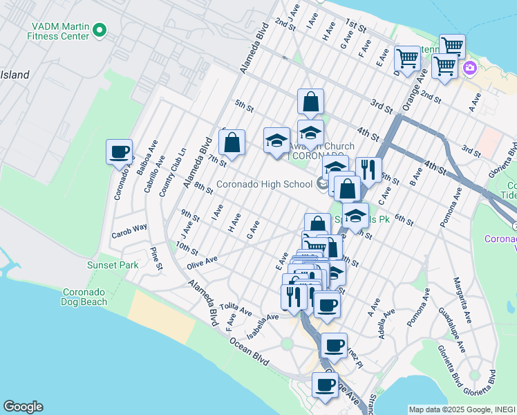 map of restaurants, bars, coffee shops, grocery stores, and more near 617 8th Street in Coronado