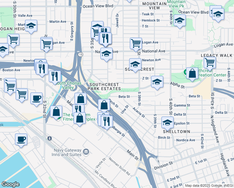 map of restaurants, bars, coffee shops, grocery stores, and more near 3660 Beta St in San Diego
