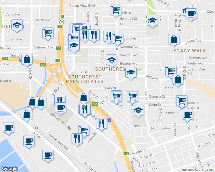 map of restaurants, bars, coffee shops, grocery stores, and more near 3728 Beta Street in San Diego