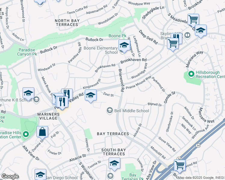 map of restaurants, bars, coffee shops, grocery stores, and more near 530 Zest Court in San Diego