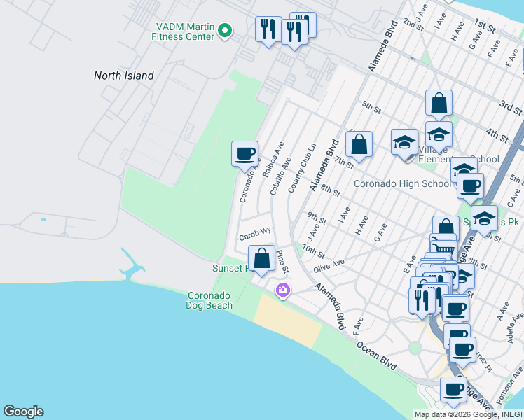 map of restaurants, bars, coffee shops, grocery stores, and more near 141 Acacia Way in Coronado