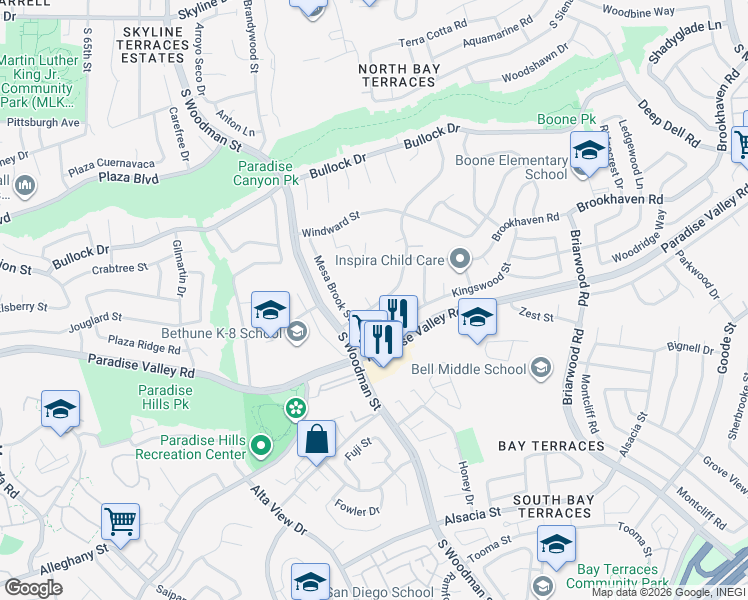 map of restaurants, bars, coffee shops, grocery stores, and more near 2124 Paradise Hills Road in San Diego