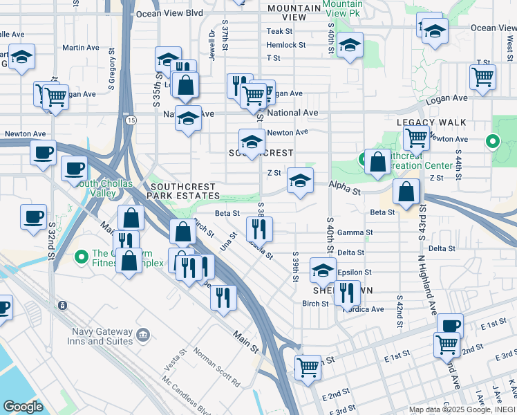 map of restaurants, bars, coffee shops, grocery stores, and more near 1490 South 38th Street in San Diego
