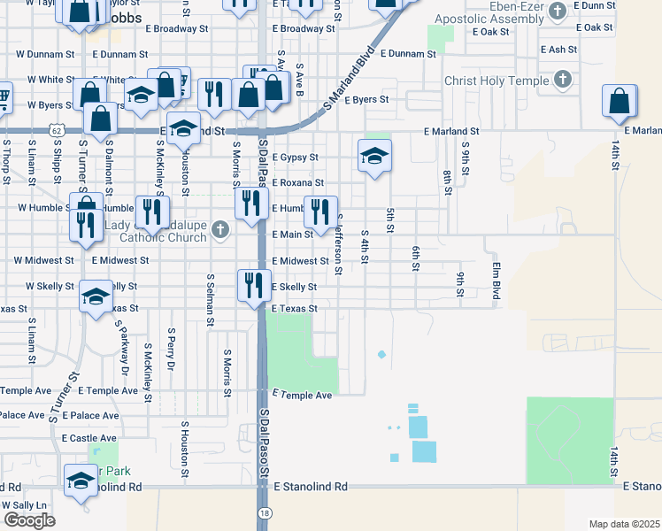 map of restaurants, bars, coffee shops, grocery stores, and more near 1004 South Jefferson Street in Hobbs