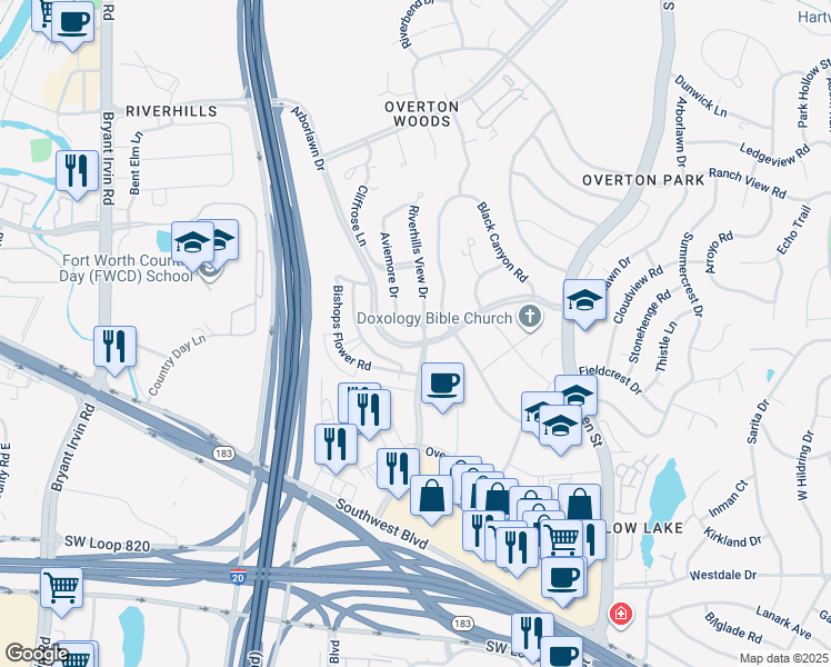 map of restaurants, bars, coffee shops, grocery stores, and more near 3864 Aviemore Drive in Fort Worth