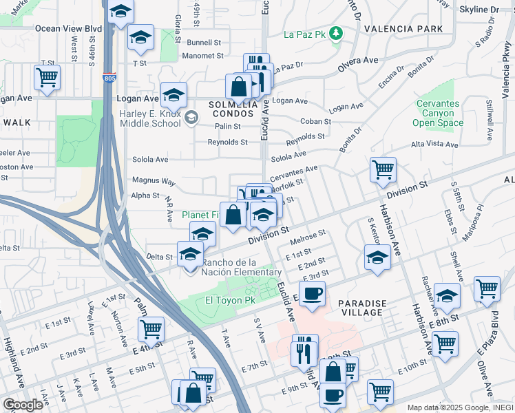 map of restaurants, bars, coffee shops, grocery stores, and more near 2325 Beta Street in National City