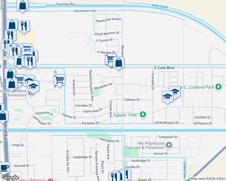 map of restaurants, bars, coffee shops, grocery stores, and more near 1080 Meadows Drive in Calexico