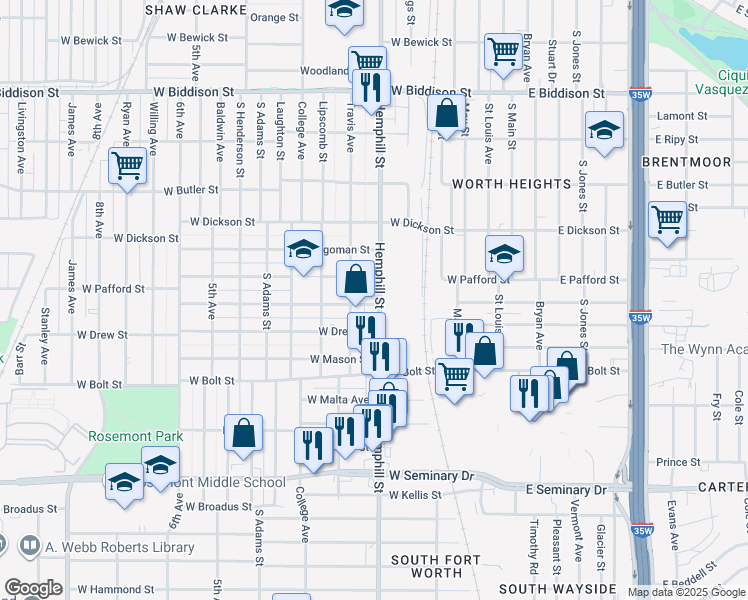 map of restaurants, bars, coffee shops, grocery stores, and more near 708 West Fogg Street in Fort Worth