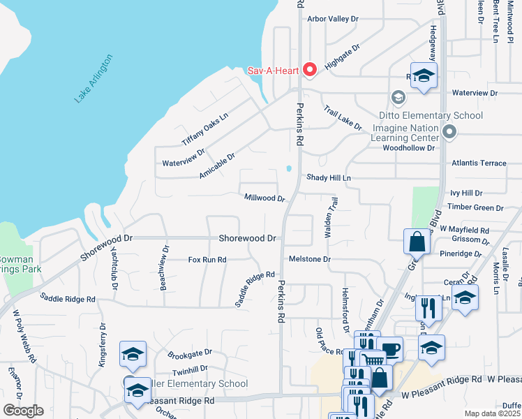 map of restaurants, bars, coffee shops, grocery stores, and more near 3408 Shorewood Court in Arlington