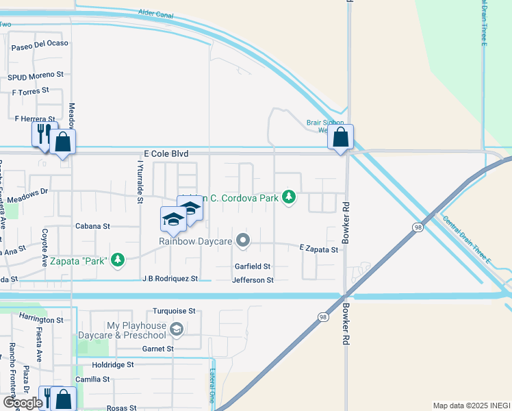 map of restaurants, bars, coffee shops, grocery stores, and more near 2216 Nixon Avenue in Calexico