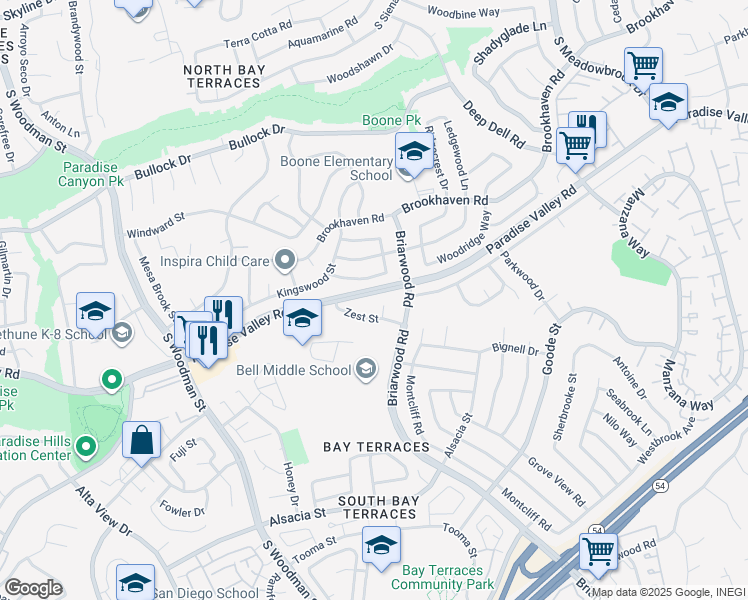 map of restaurants, bars, coffee shops, grocery stores, and more near 530 Zest Court in San Diego