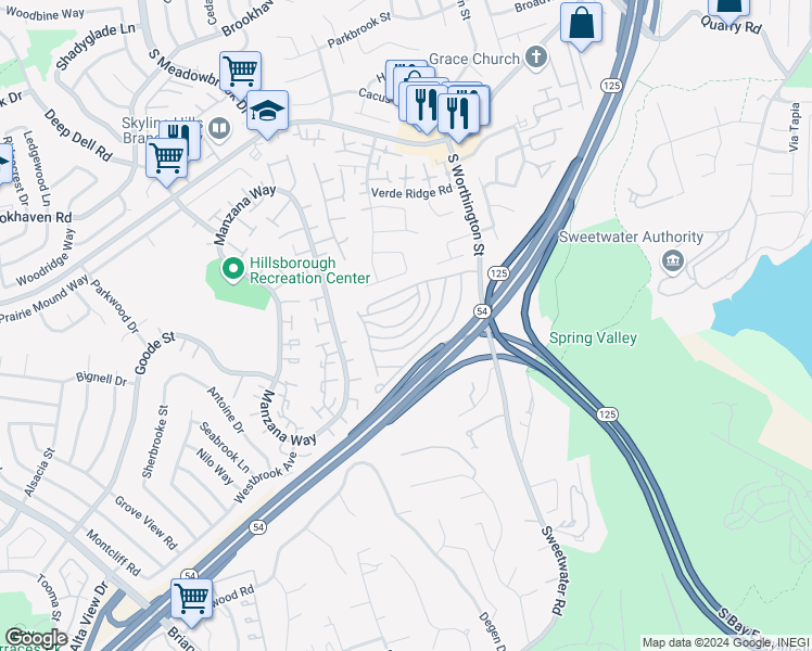 map of restaurants, bars, coffee shops, grocery stores, and more near 275 Worthington Street in Spring Valley