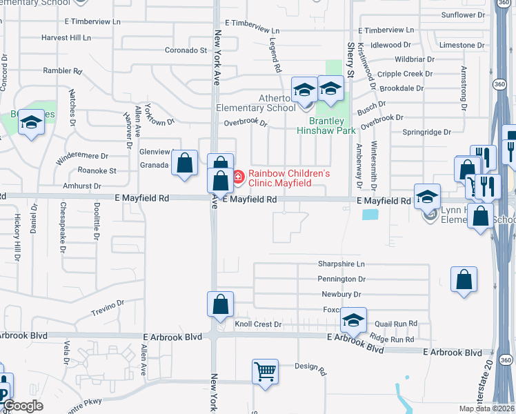 map of restaurants, bars, coffee shops, grocery stores, and more near 1950 East Mayfield Road in Arlington
