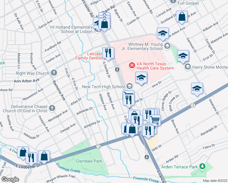 map of restaurants, bars, coffee shops, grocery stores, and more near 4709 South Denley Drive in Dallas
