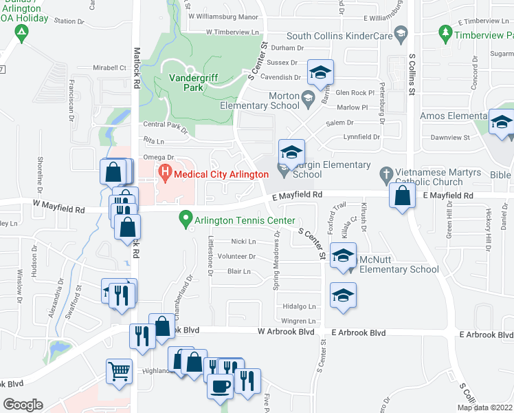 map of restaurants, bars, coffee shops, grocery stores, and more near 3400 Peppertree Court in Arlington