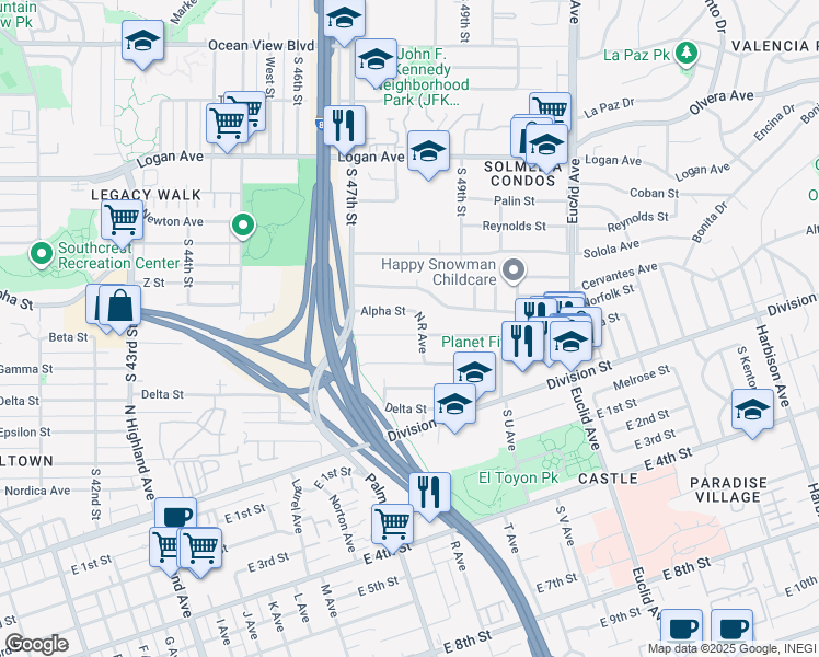 map of restaurants, bars, coffee shops, grocery stores, and more near 1727 Beta St in National City