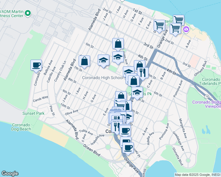 map of restaurants, bars, coffee shops, grocery stores, and more near 715 F Avenue in Coronado