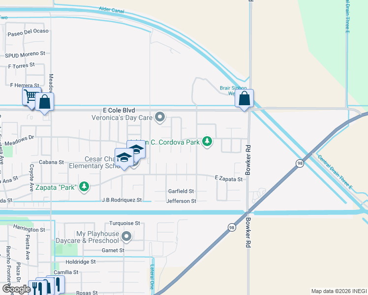 map of restaurants, bars, coffee shops, grocery stores, and more near 2216 Nixon Avenue in Calexico