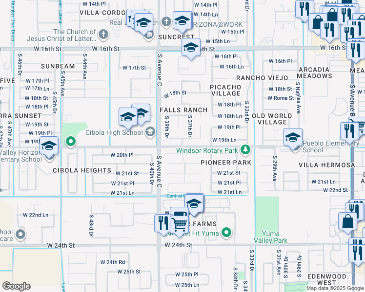 map of restaurants, bars, coffee shops, grocery stores, and more near 3833 W 20th St in Yuma