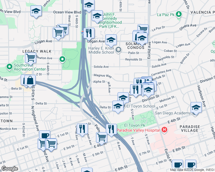map of restaurants, bars, coffee shops, grocery stores, and more near 1727 Beta St in National City