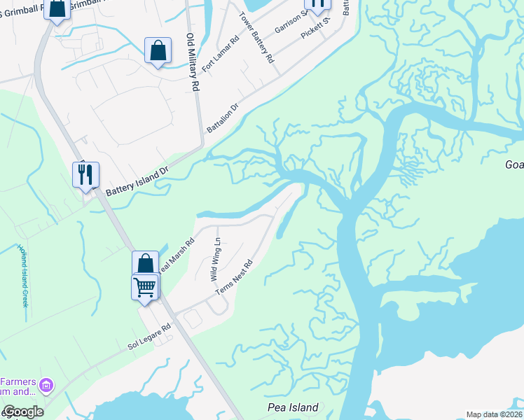 map of restaurants, bars, coffee shops, grocery stores, and more near 1586 Teal Marsh Road in Charleston