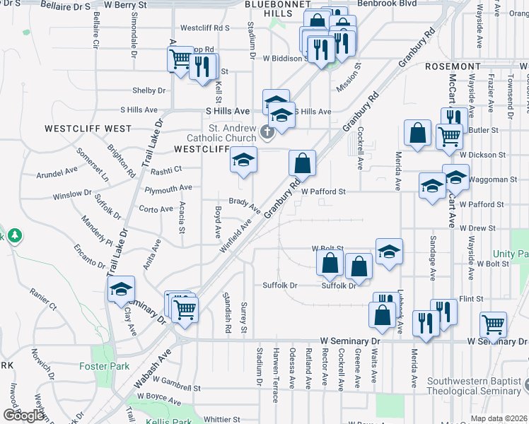 map of restaurants, bars, coffee shops, grocery stores, and more near 4005 Winfield Avenue in Fort Worth